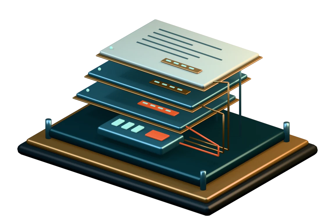 A custom exploded 3D design model of three source plates and a bronze evidence thread connecting them to a separate review plane.