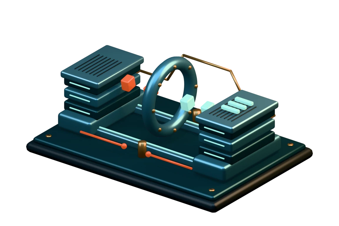 A custom 3D design model: a coral request passes through a blue gate between a sender and a durable store, with a separate retry path.