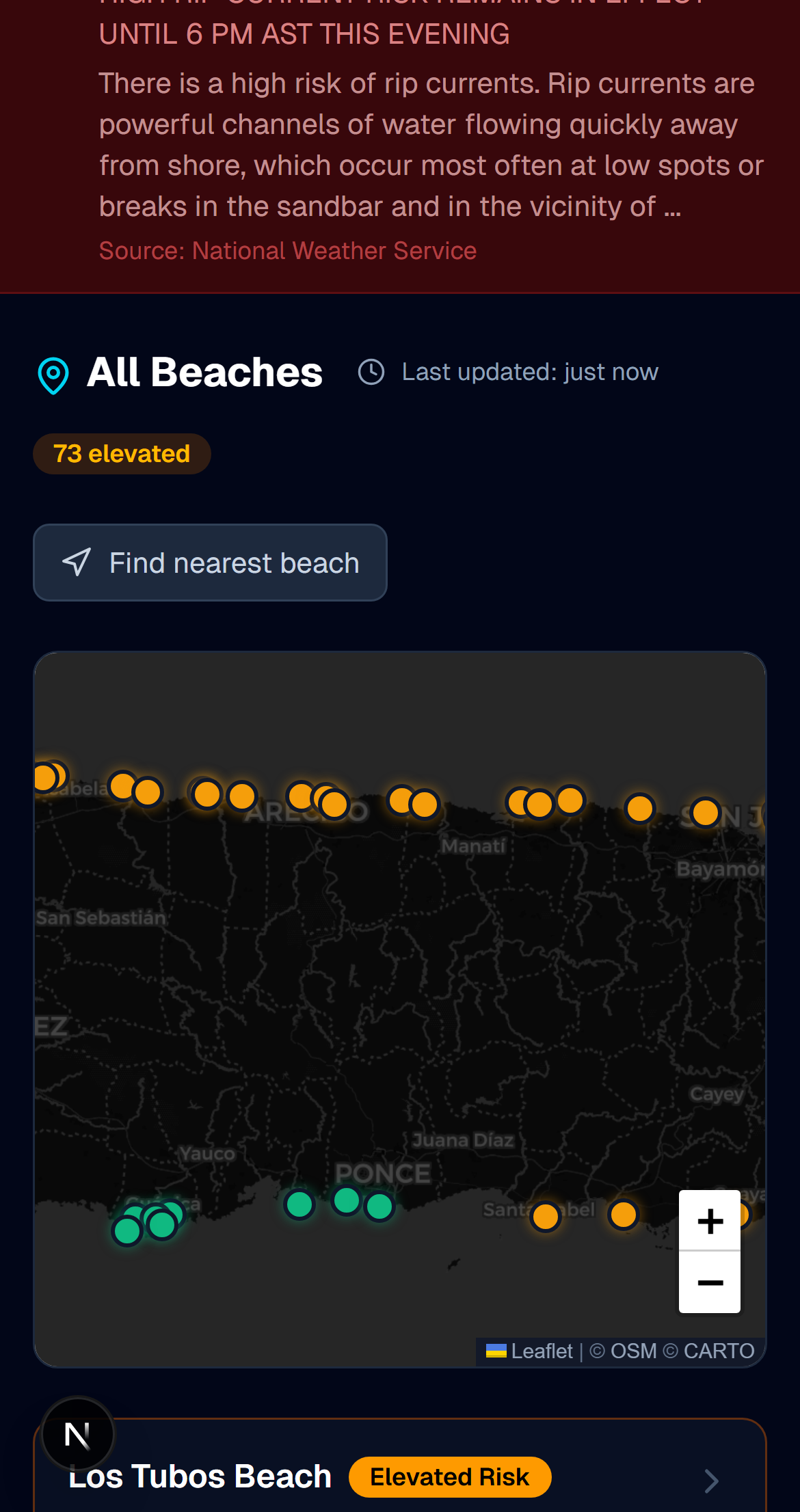 Safe Shores map showing beach risk conditions across Puerto Rico